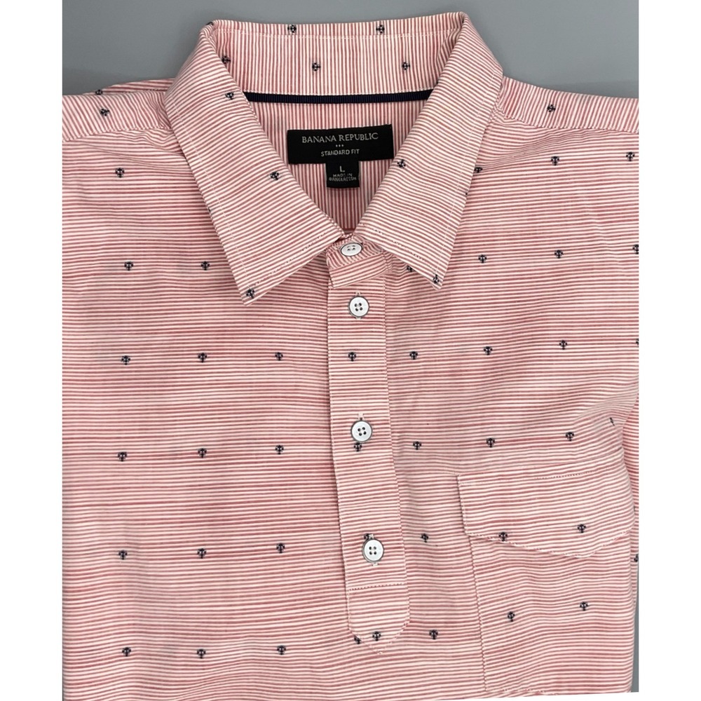 Banana Republic Mens Short Sleeve Shirt Red White Striped Micro Anchor Print L